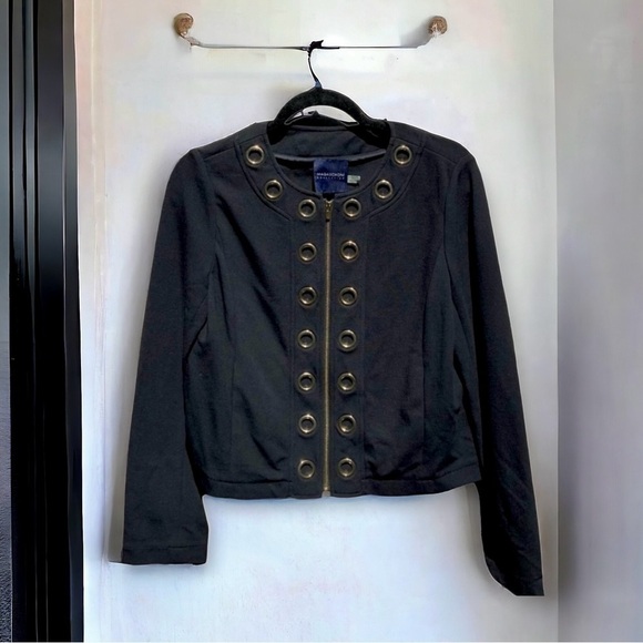 🌻Black Tailored Magaschoni Collection Jacket with Gold Circle Grommets Size 6 - Picture 1 of 11